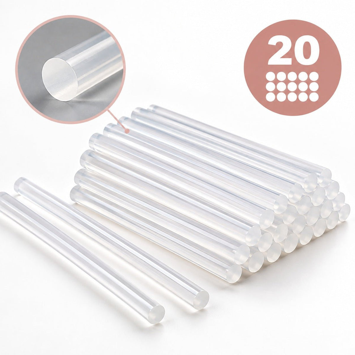 Pilt läbipaistvatest, kollaseks mitte muutuvatest 7 mm × 20 cm liimipüstoli pulkadest, 10 tk – saadaval veebis Šarlote audumi
