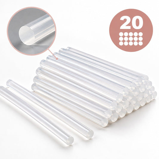 Pilt läbipaistvatest, kollaseks mitte muutuvatest 7 mm × 20 cm liimipüstoli pulkadest, 10 tk – saadaval veebis Šarlote audumi