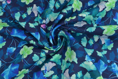 Linen with cotton - leaves on a blue background 170 g/m²