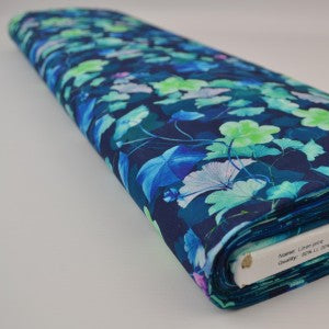 Linen with cotton - leaves on a blue background 170 g/m²