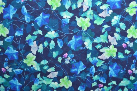 Linen with cotton - leaves on a blue background 170 g/m²
