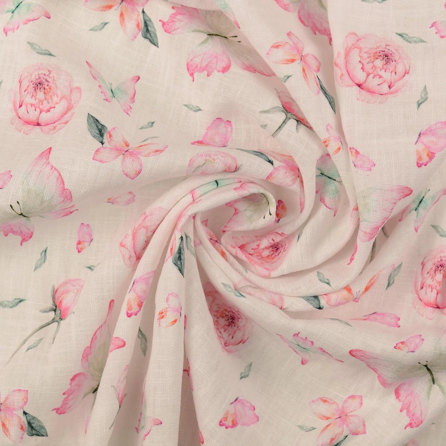 Image avec lin et viscose, pivoines et papillon 220 g/m² – disponible chez Šarlotes audumi