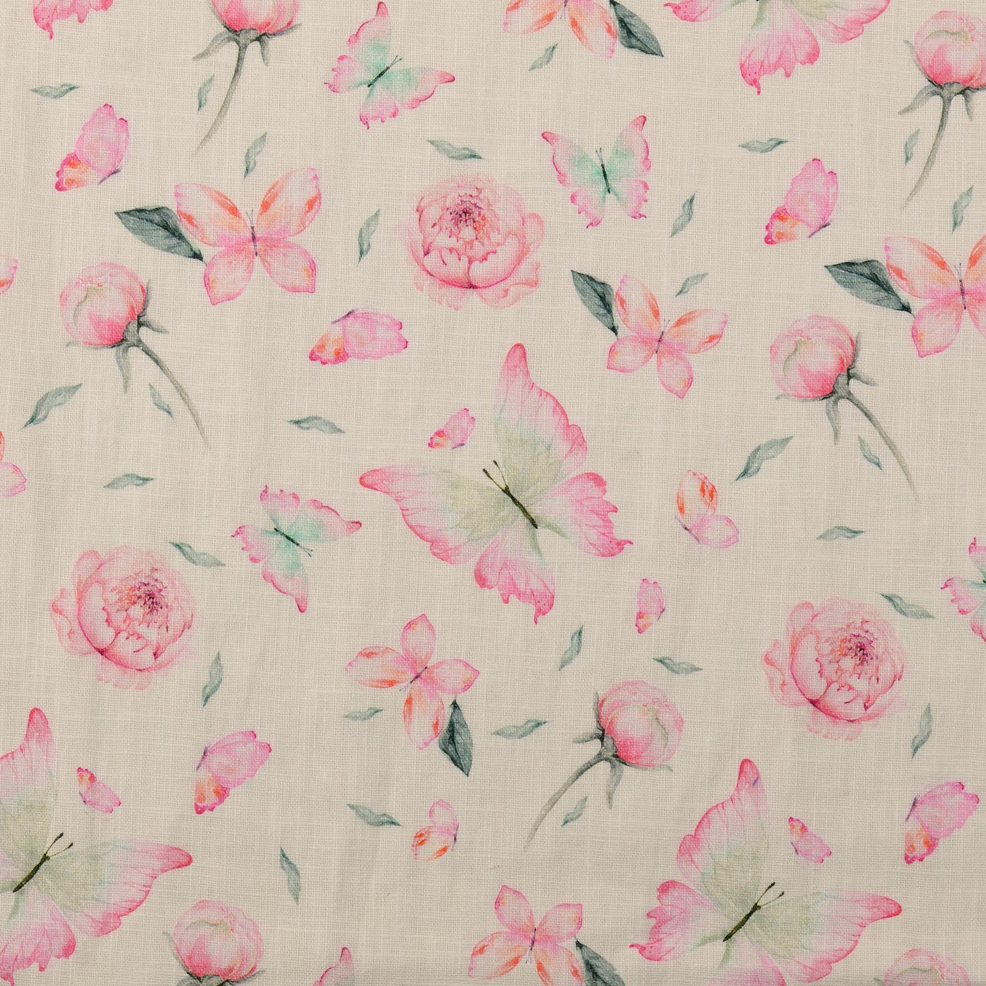 Image avec lin et viscose - pivoines et papillon 220 g/m² – disponible chez Šarlotes audumi
