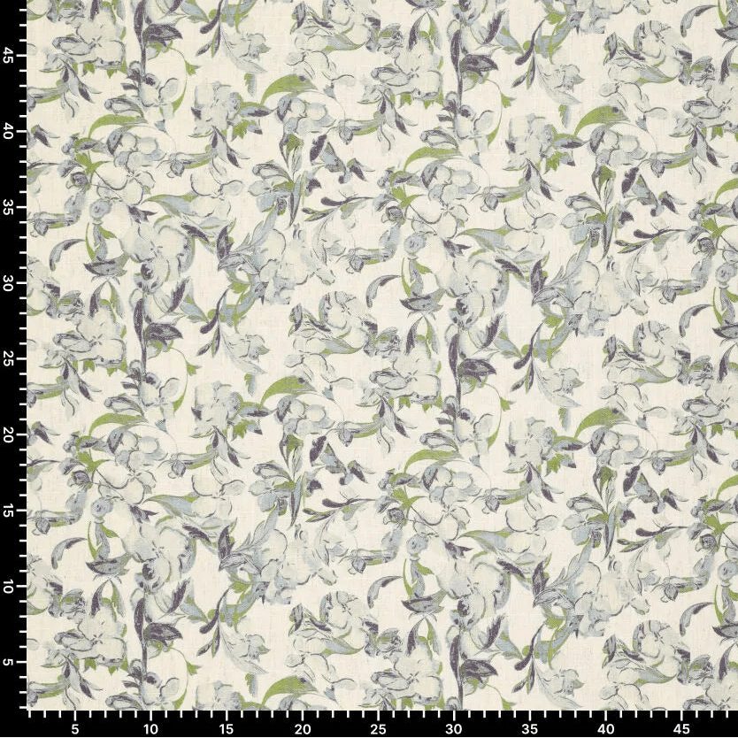 Attēls ar Lins ar viskozi - zili zaļš lapu motīvs 120 g/m² – pieejams Šarlotes audumi