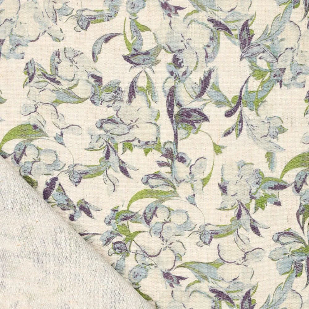 Attēls ar Lins ar viskozi - zili zaļš lapu motīvs 120 g/m² – pieejams Šarlotes audumi