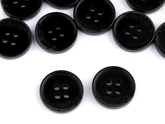 Image of black and gray suit buttons, 4 holes – 15 mm-25 mm – available online at Šarlotes audumi