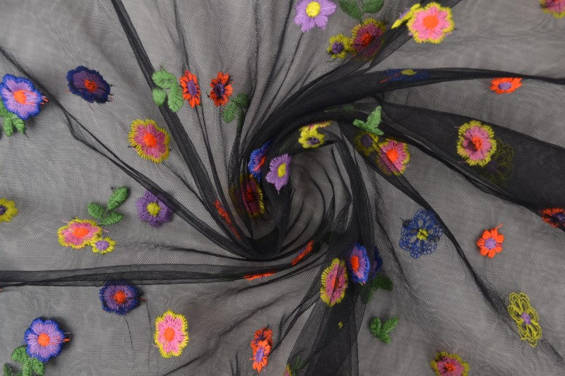 Embroidered tulle fabric with flowers, black tone 70 g/m²