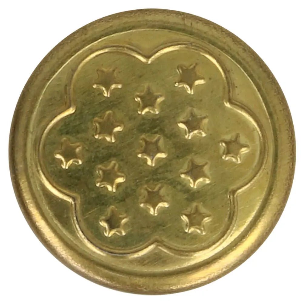 Image of a metal jeans button, 17 mm, gold with a flower – available online at Šarlotes audumi