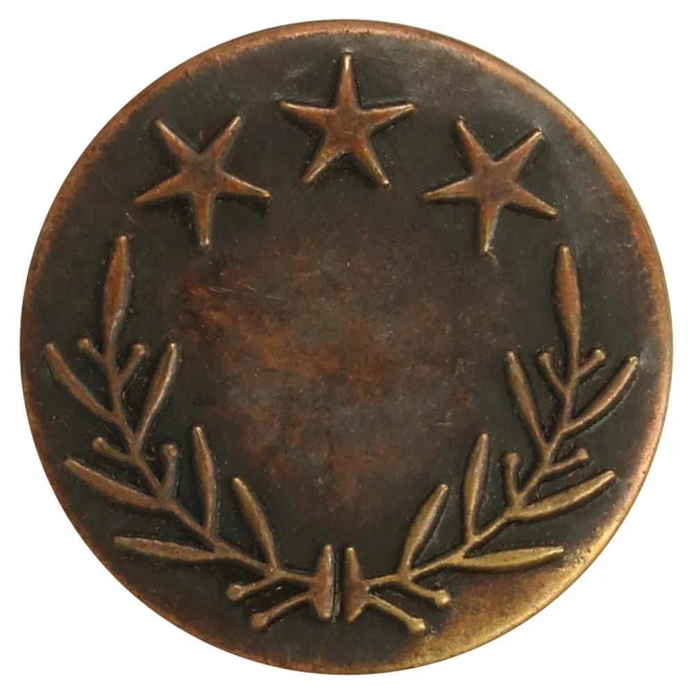 Metal jeans button 25 mm, bronze with aged effect – available online at Šarlotes audumi
