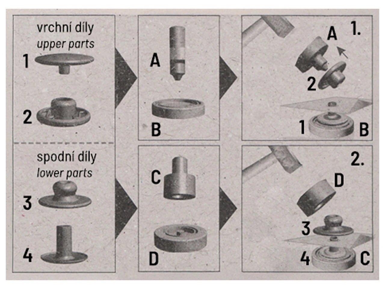 Attēls ar Metāla spiedpogas Ø15 mm ar rokas instrumentu|dažādu toņu – pieejams Šarlotes audumi