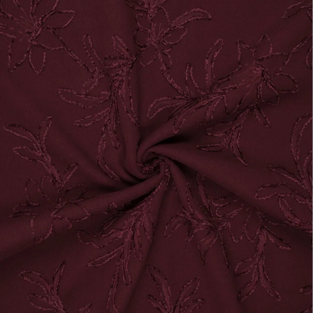 Image of coat fabric with embroidery – burgundy – available online at Šarlotes audumi
