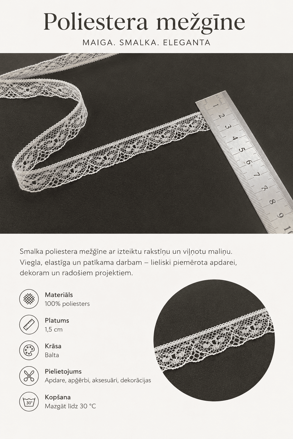 Pilt peene pitsiga 1,6 cm – valge, saadaval veebis Šarlotes audumid
