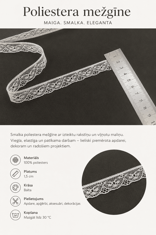 Attēls ar Mežģīne smalka 1,6 cm-balta – pieejams internetā Šarlotes audumi