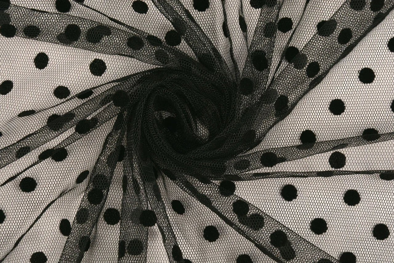 alt
Image of soft tulle with velvet dots - black, available online at Šarlotes audumi
