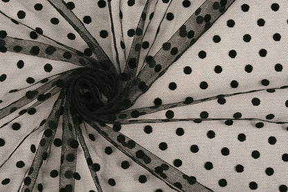 Image with soft tulle with velvet polka dots - black – available online at Šarlotes audumi