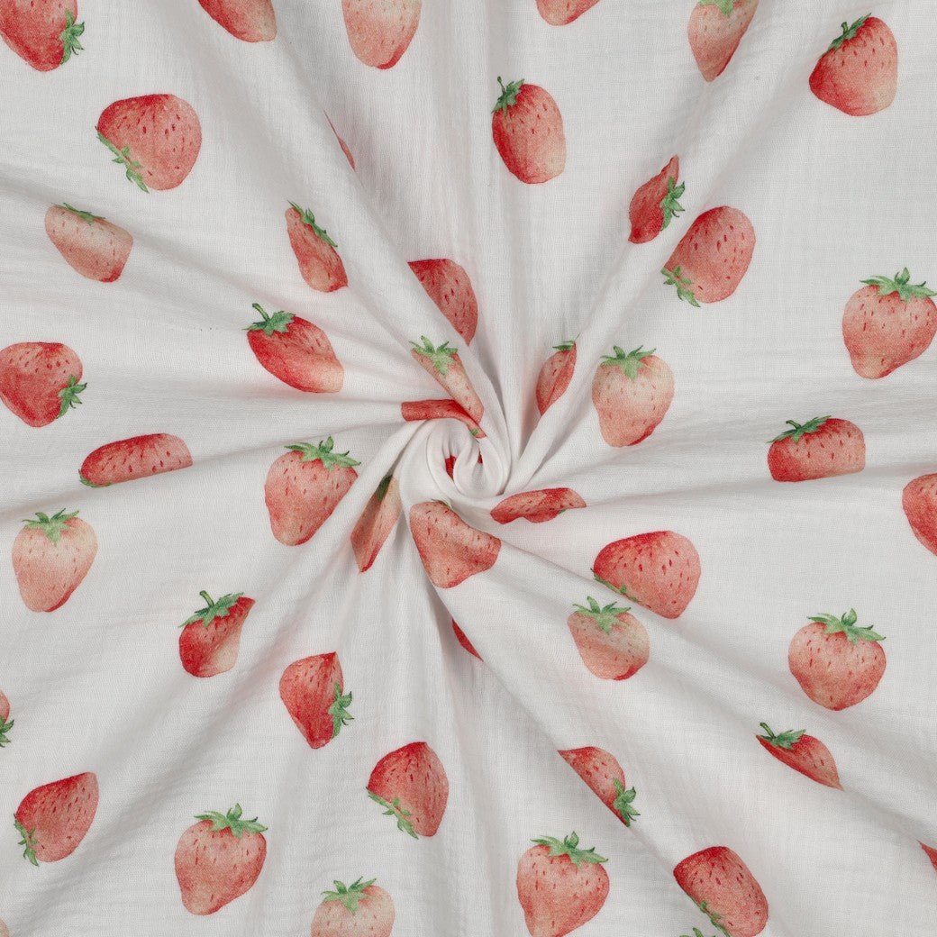 Attēls ar Muslīns - zemenes 120 g/m² – pieejams Šarlotes audumi