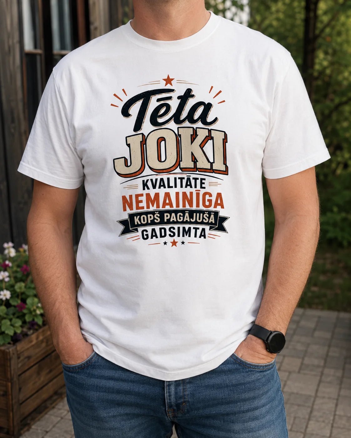 Image of organic cotton T-shirt "Dad jokes" available online at Šarlotes audumi