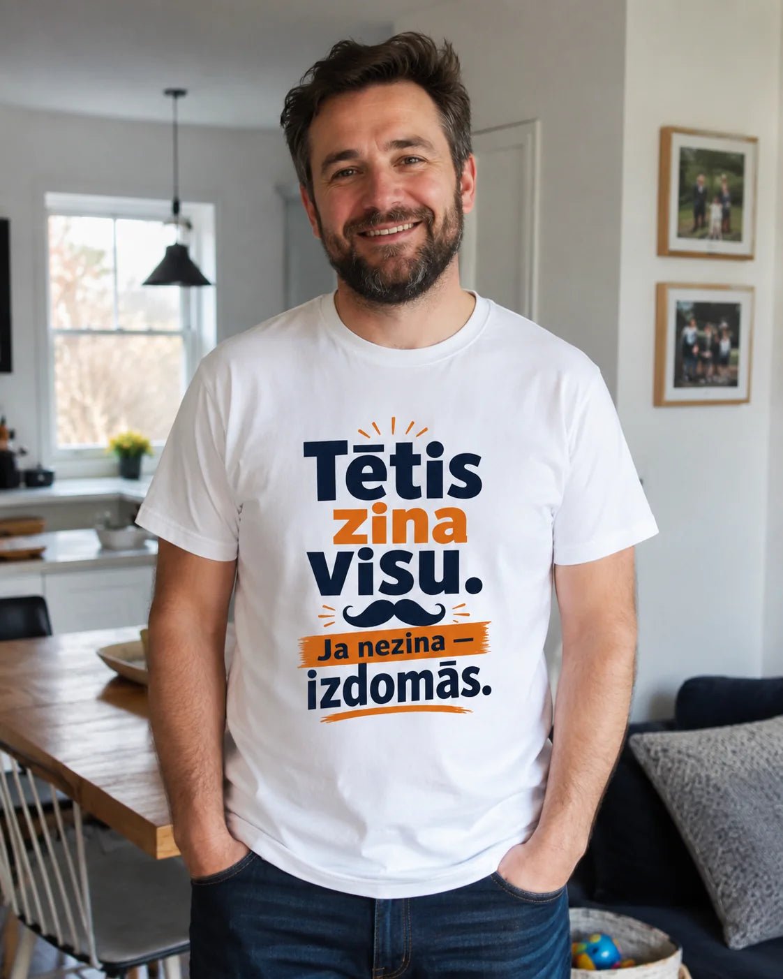 Image of organic cotton T-shirt "Dad knows everything. If he doesn’t, he’ll make it up." – available online at Šarlotes audumi
