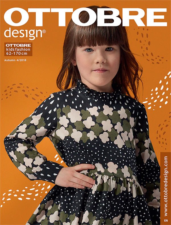 Attēls ar OTTOBRE design Kids 4/2018 – bērnu apģērbu piegrieztņu žurnāls angļu valodā – pieejams internetā Šarlotes audumi