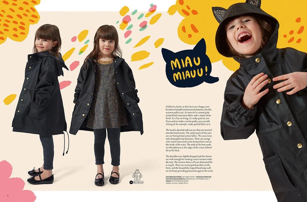 Attēls ar OTTOBRE design Kids 4/2018 – bērnu apģērbu piegrieztņu žurnāls angļu valodā – pieejams internetā Šarlotes audumi