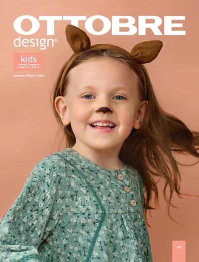 Attēls ar OTTOBRE design Kids 4/2023 – bērnu apģērbu piegrieztņu žurnāls angļu valodā – pieejams internetā Šarlotes audumi