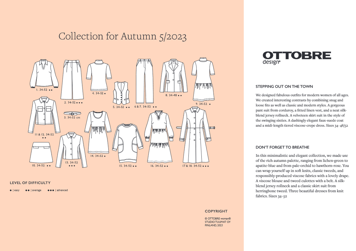 Pilt ajakirjast OTTOBRE design Woman 5/2023 – ingliskeelne naisterõivaste lõigete ajakiri – saadaval veebis Šarlotes audumi