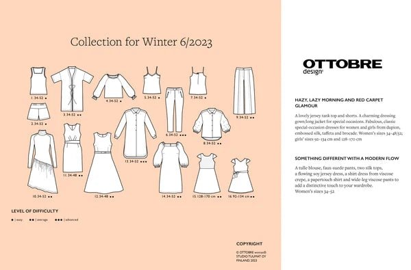Pilt OTTOBRE design Woman 6/2023-st – ingliskeelne naisterõivaste lõigete ajakiri – saadaval veebis Šarlotes audumi