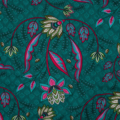 100% Viscose fabric, pattern on petrol background 90 g/m²