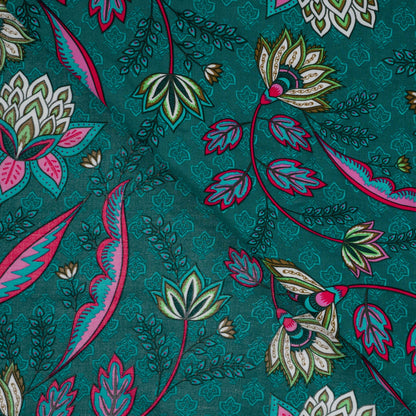 100% Viscose fabric, pattern on petrol background 90 g/m²