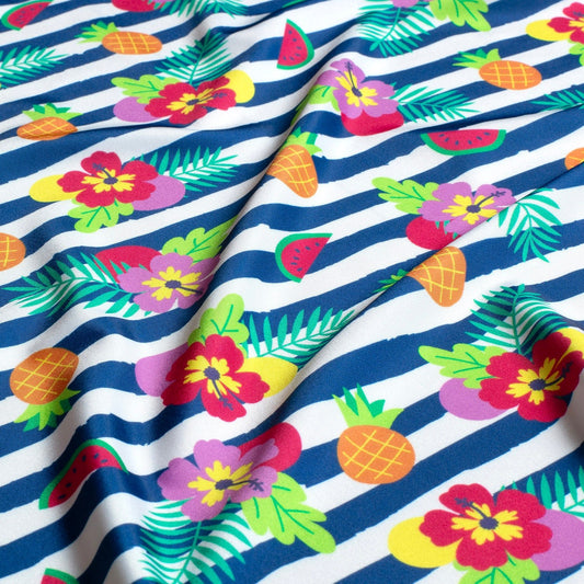 Image of swimwear lycra fabric with UPF50 protection – tropical stripe motif, 200 g/m² – available at Šarlotes audumi