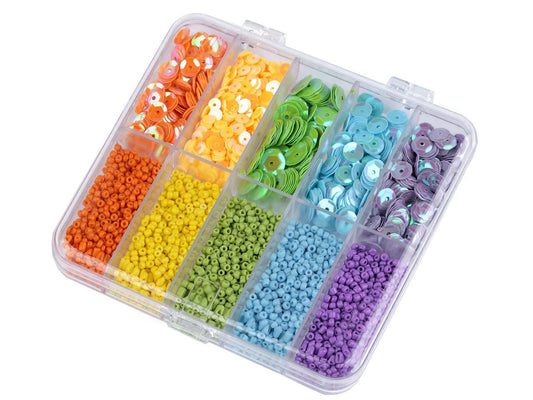Pērlīšu un fliteru komplekts plastmasas kastītē (12.3 × 6.3 × 1.3 cm)