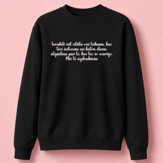 Image of personalized sweater with text in black – available online at Šarlotes audumi