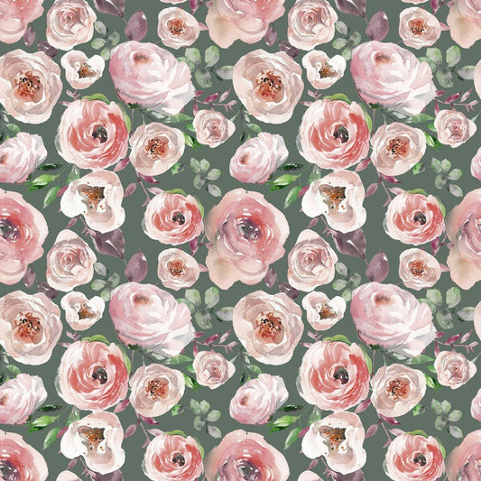 Plānā kokvilnas trikotāža-rozes uz zaļa fona 200 g/m²