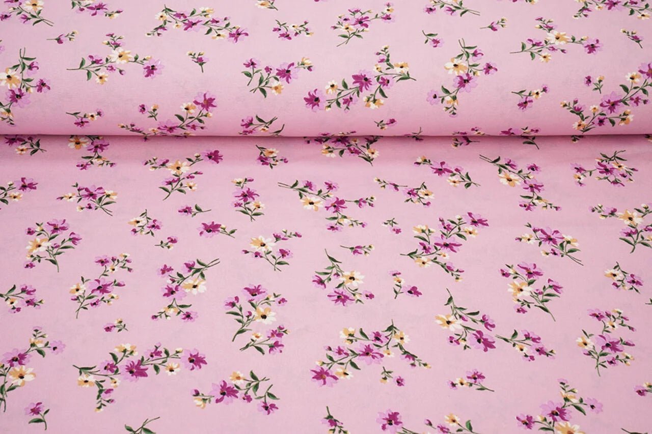 Thin crepe fabric with pink flowers – available online at Charlotte's Fabrics