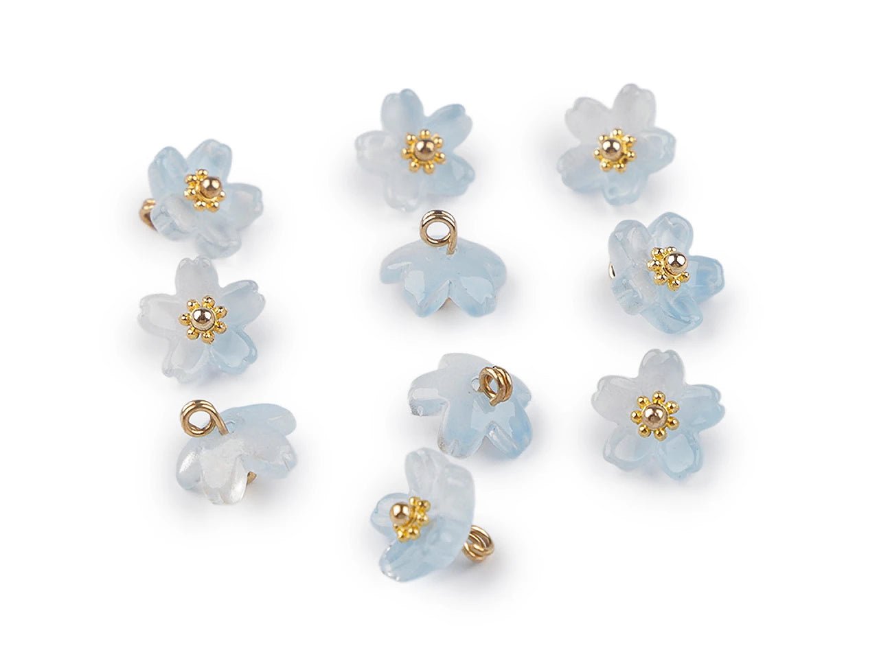 Attēls ar Plastmasas pogas, pērlītes – ziediņi ar metāla vidiņu Ø10 mm| dažadu toņu – pieejams Šarlotes audumi