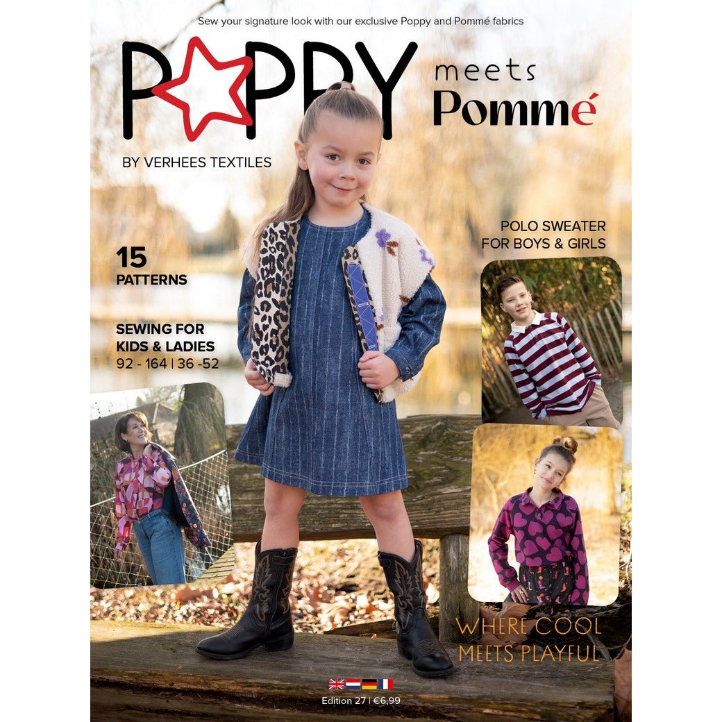 Attēls ar Poppy meets Pommé žurnāls Nr. 27 – šūšanas piegrieztnes bērniem un pieaugušajiem ENG, DE, FR – pieejams Šarlotes audumi