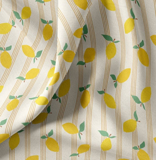 Attēls ar Premium 100% kokvilnas audums - citroni smalkās līnijās 115 g/m² – pieejams Šarlotes audumi