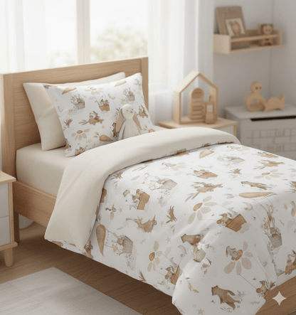 Image du tissu Premium 100 % coton - lapins aux longues oreilles avec des carottes 115 g/m² – disponible chez Šarlotes audumi