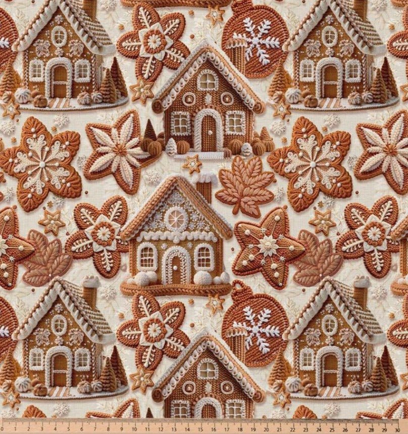 Attēls ar Premium 100% kokvilnas audums - piparkūku namiņi 115 g/m² – pieejams Šarlotes audumi