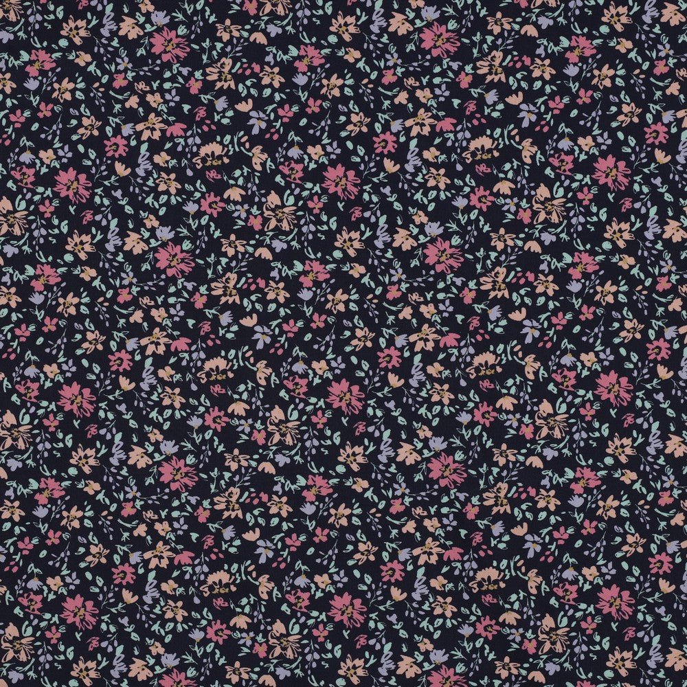 Attēls ar Premium 100% kokvilnas audums - smalki ziediņi uz tumši zila 115 g/m² – pieejams Šarlotes audumi