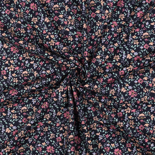 Attēls ar Premium 100% kokvilnas audums - smalki ziediņi uz tumši zila 115 g/m² – pieejams Šarlotes audumi