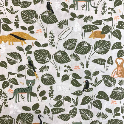 Tissu premium 100 % coton - feuilles tropicales vertes avec animaux 115 g/m²