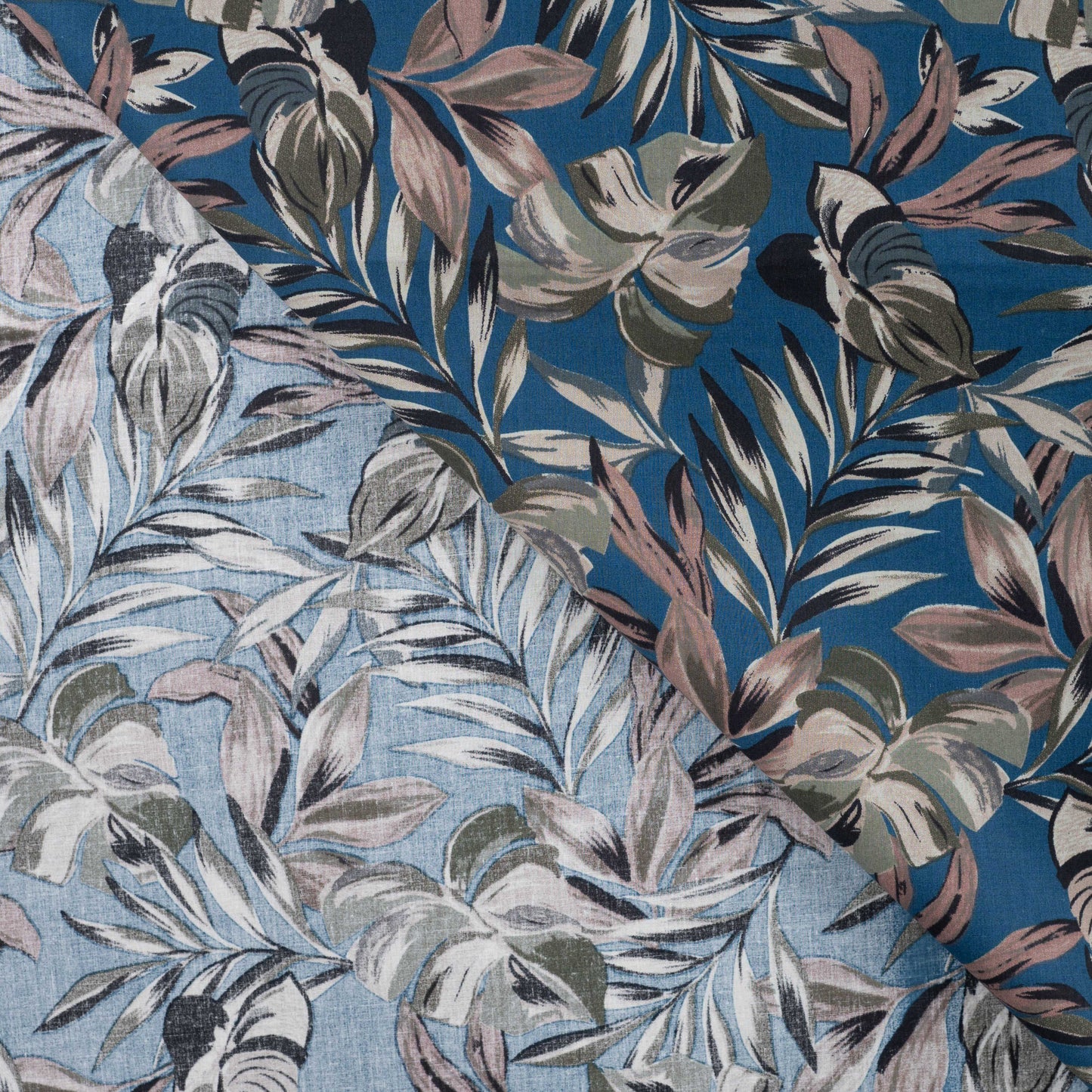 Image of premium cotton poplin fabric – tropical foliage on blue – available online at Charlotte's Fabrics