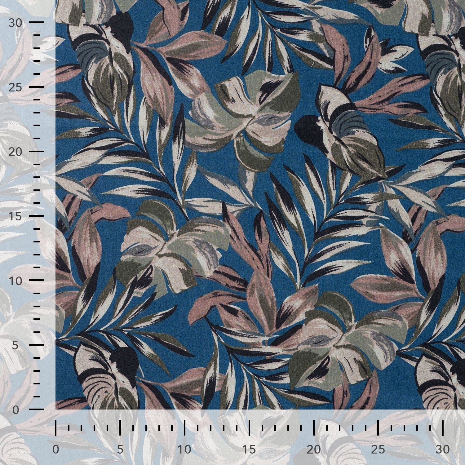 Image of premium cotton poplin fabric - tropical foliage on blue – available online at Charlotte's Fabrics
