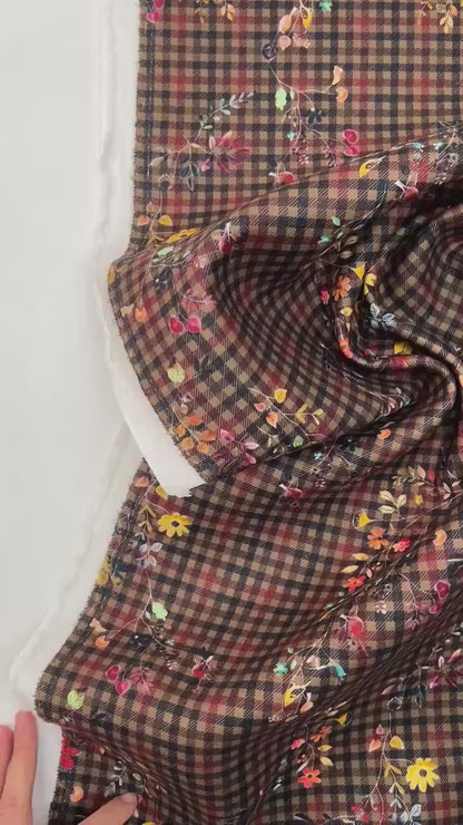 Italian tweed fabric for coats - checks with flowers 480 g/m²