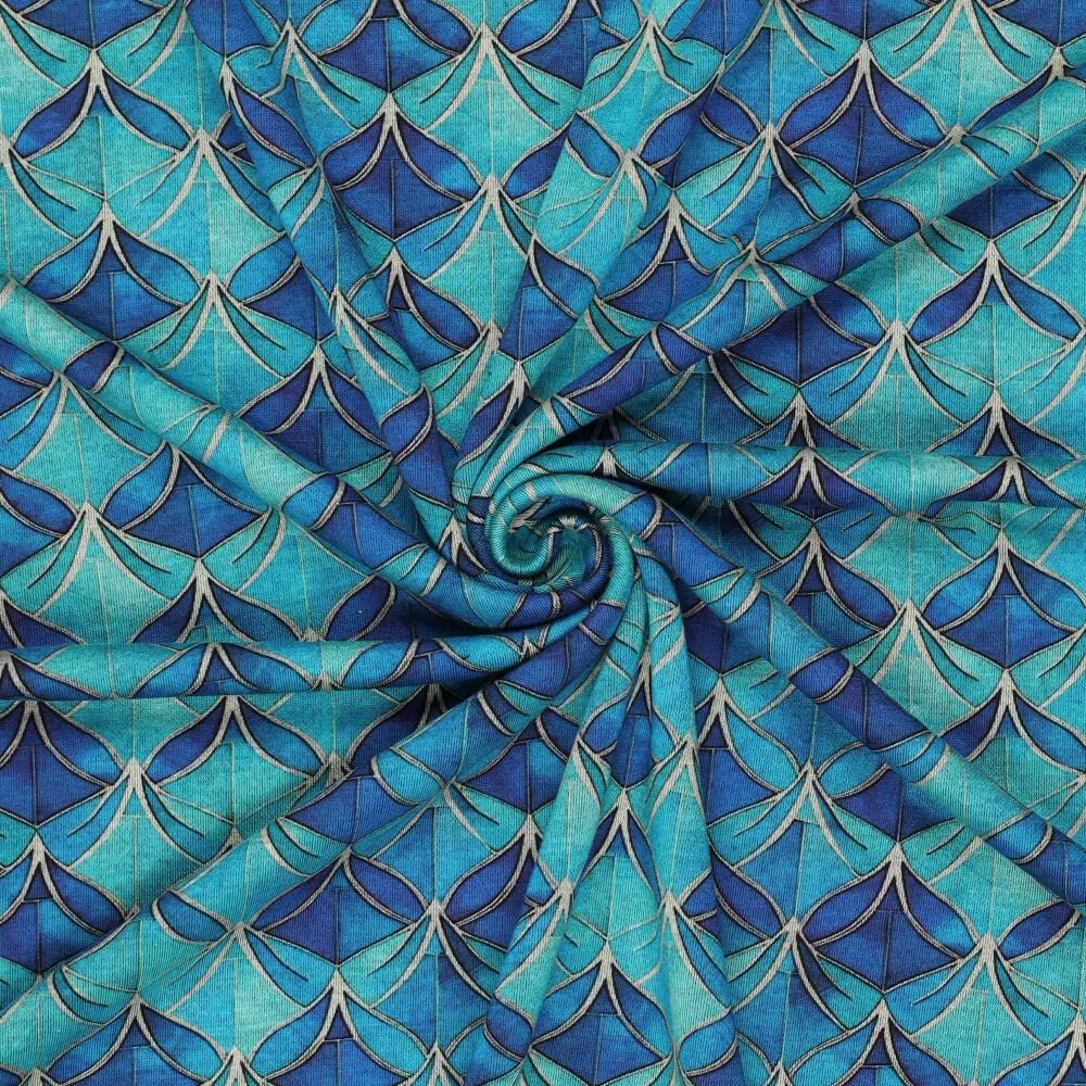 Attēls ar Punto di Roma trikotāžas audums - zils abstraksts raksts 240 g/m² – pieejams Šarlotes audumi