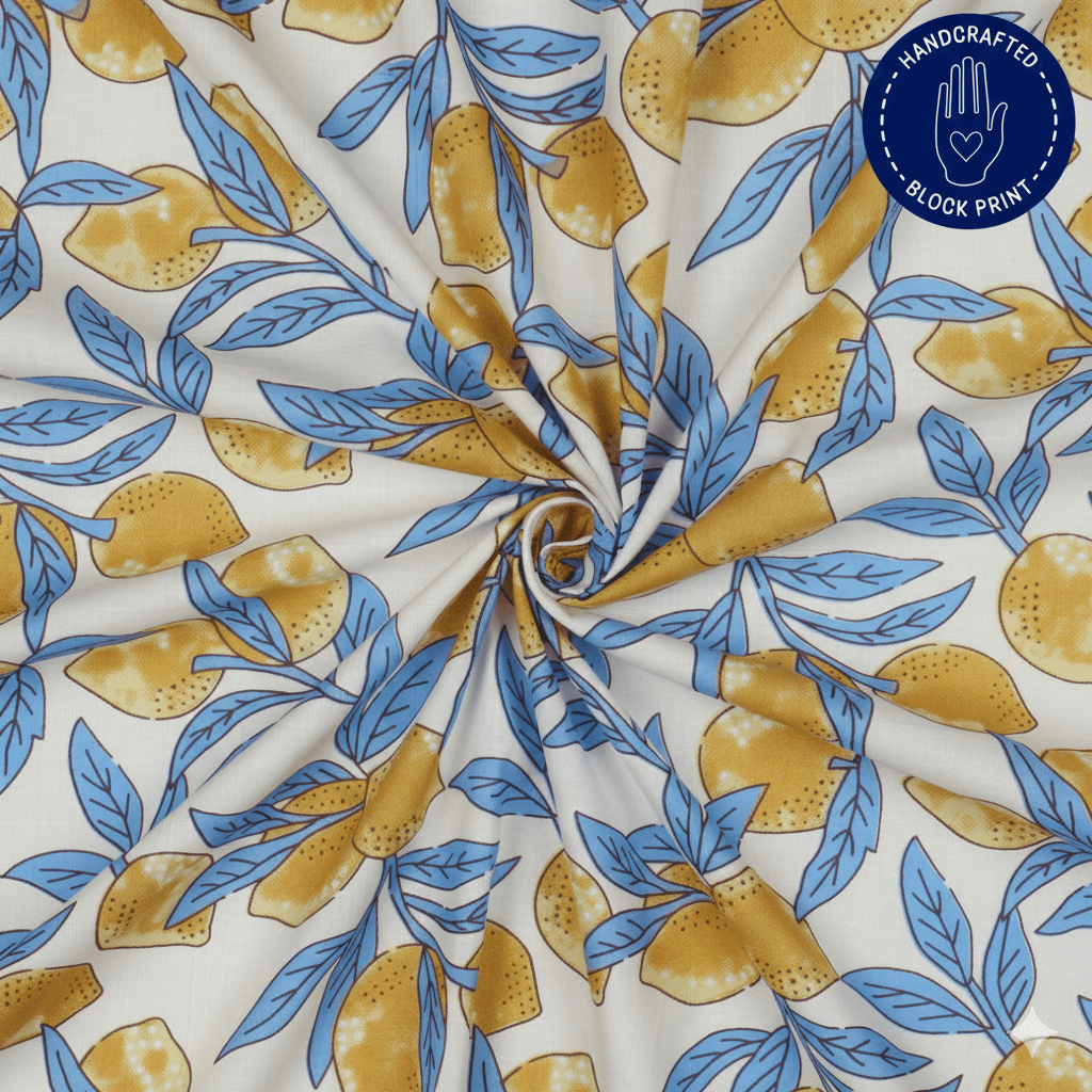 Attēls ar Rokām drukāts 100% kokvilnas audums - citroni 110 g/m² – pieejams Šarlotes audumi