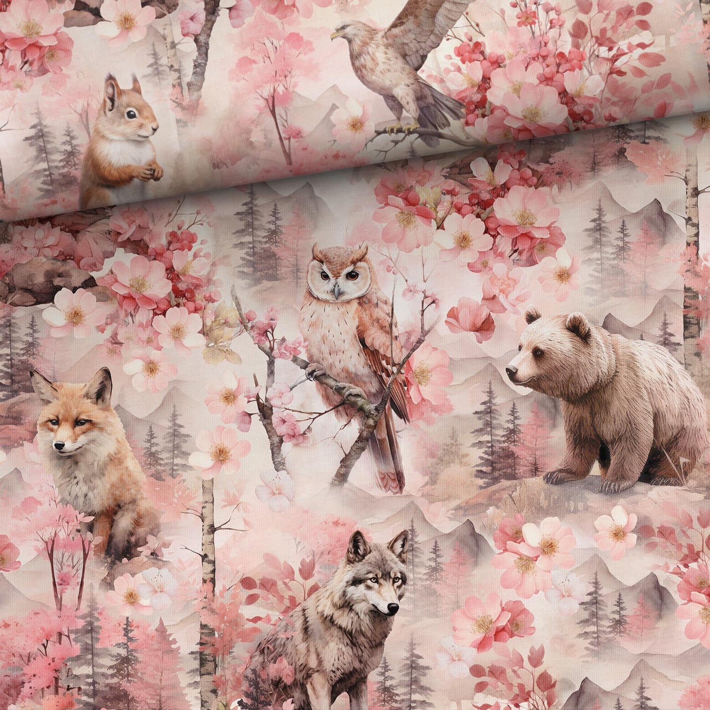 Puuvillane aasaline trikotaaž – roosa metsamuinasjutt 250 g/m²