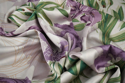 Satin with elastane - lilac orchids 80 g/m²