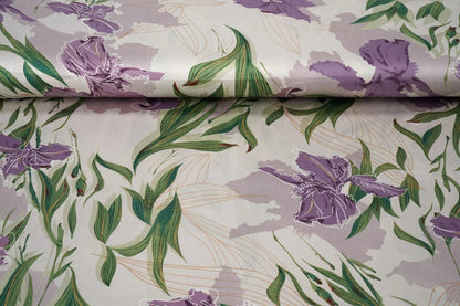 Satin with elastane - lilac orchids 80 g/m²